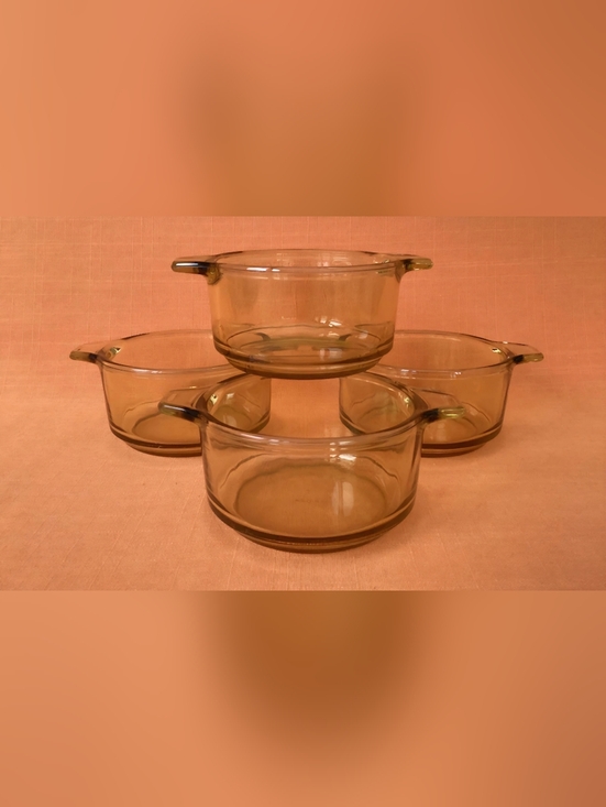 Pyr-O-Rey Other - 1970s Amber Glass Soup Bowls with Handles Retro Pyr-O-Rey (Set of 4)